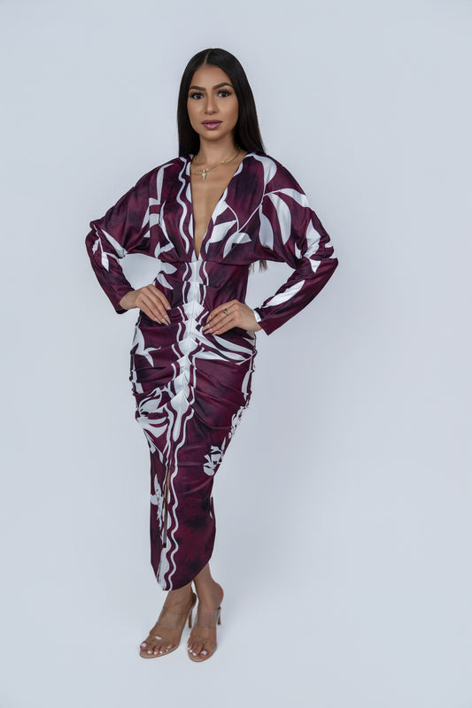 Hutuny long-sleeved-WINE RED maxi dress