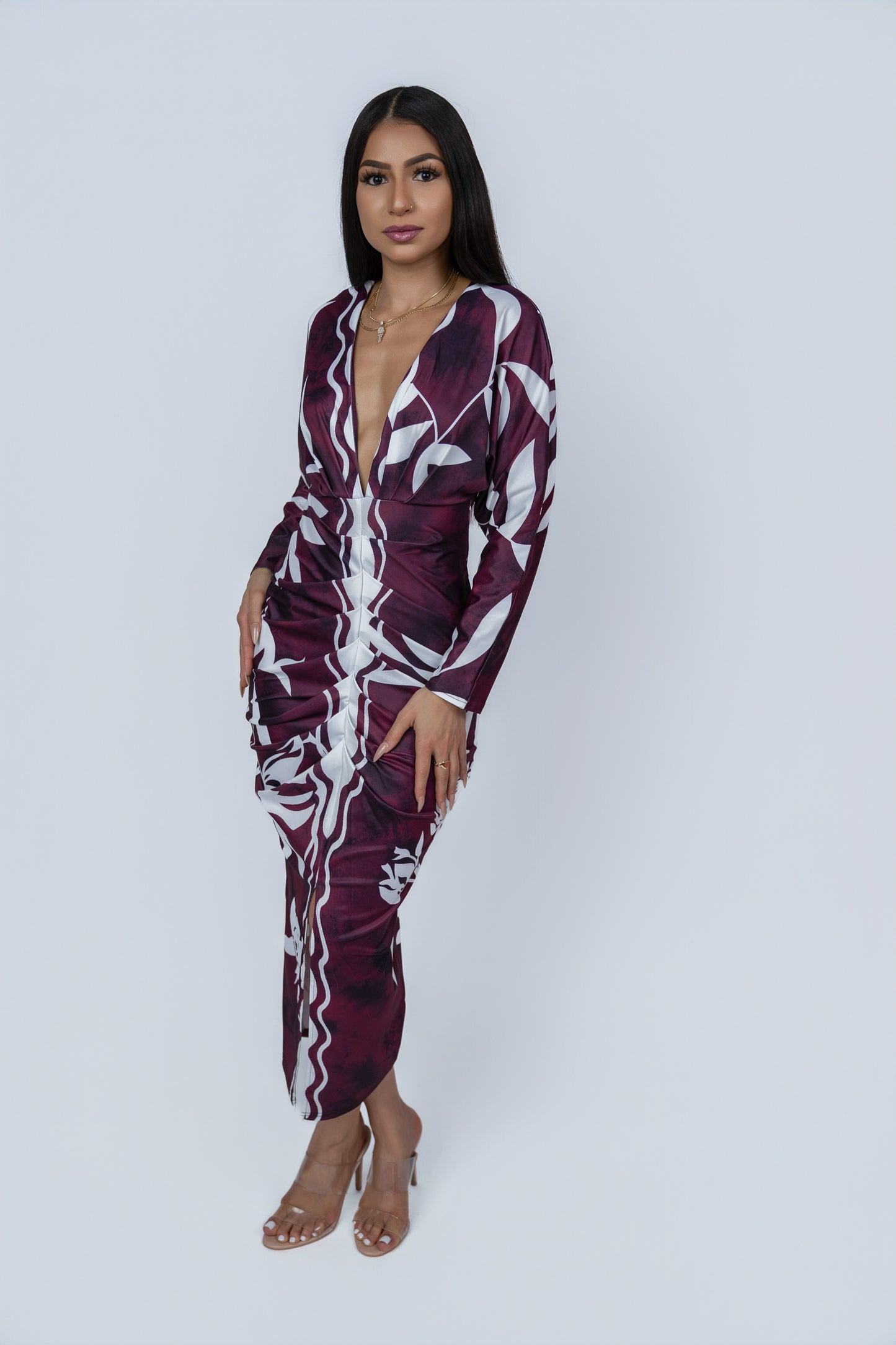 Hutuny long-sleeved-WINE RED maxi dress