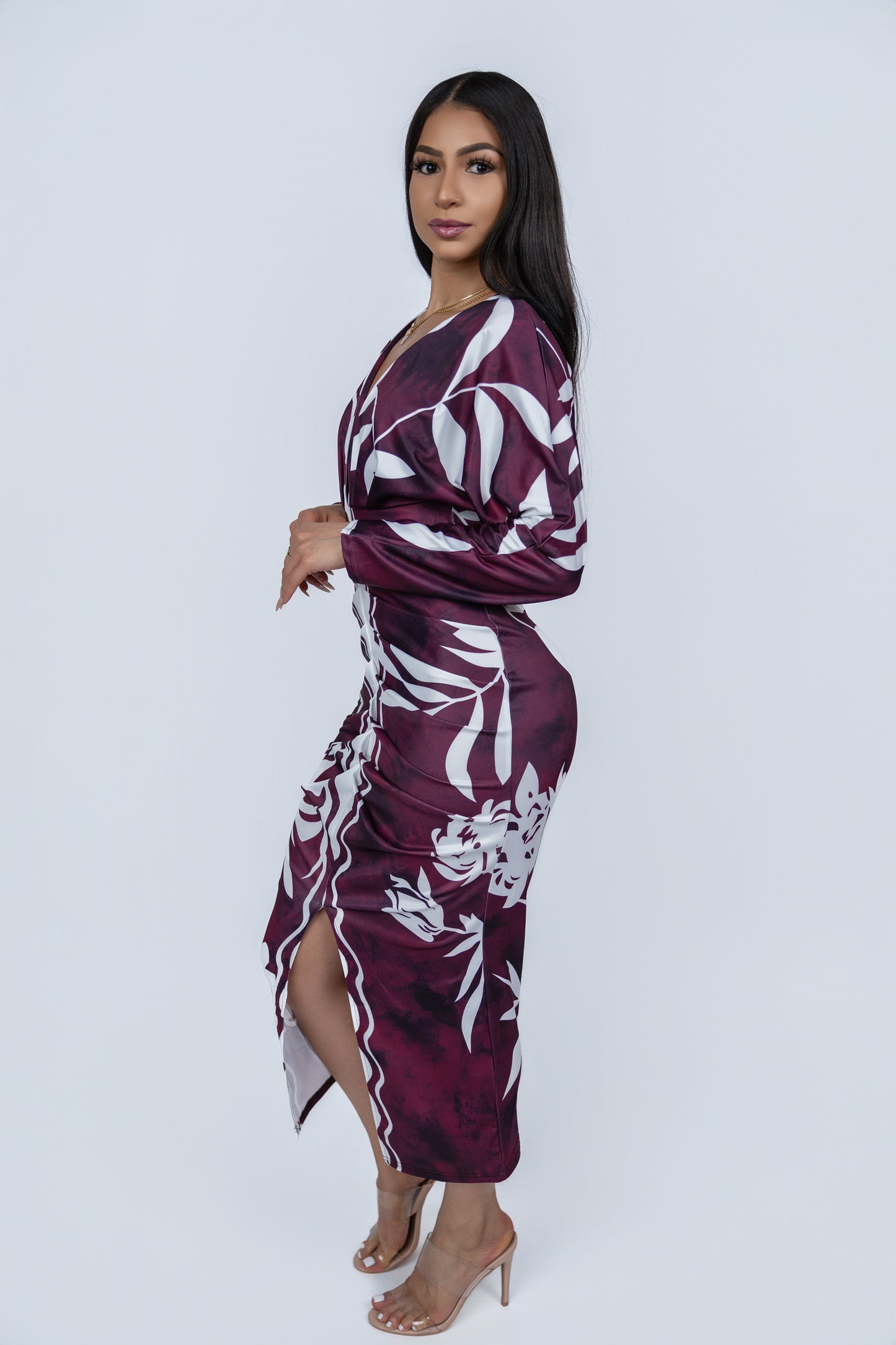 Hutuny long-sleeved-WINE RED maxi dress