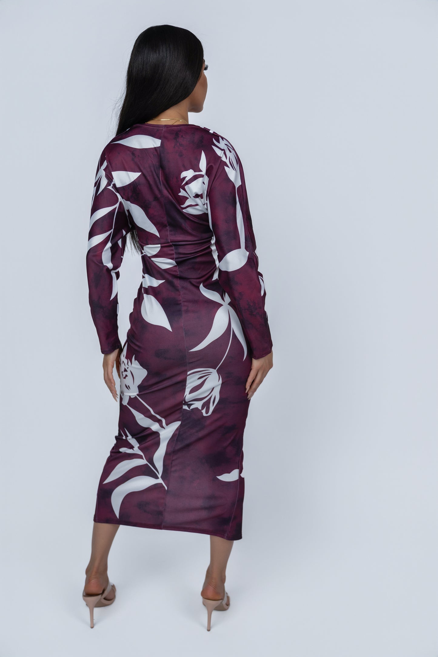 Hutuny long-sleeved-WINE RED maxi dress